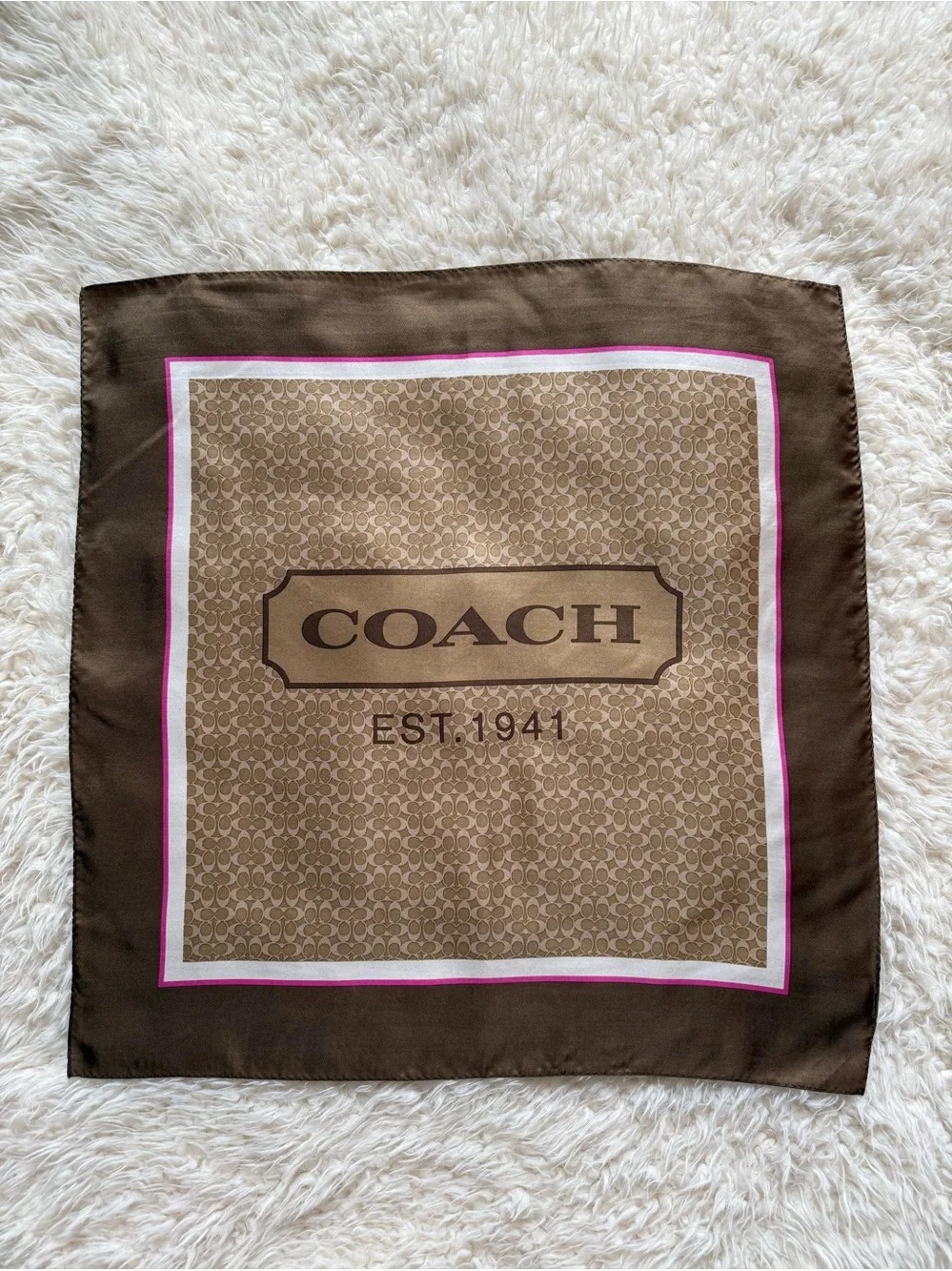 Coach Brown and Pink Logo Silk Square Scarf
